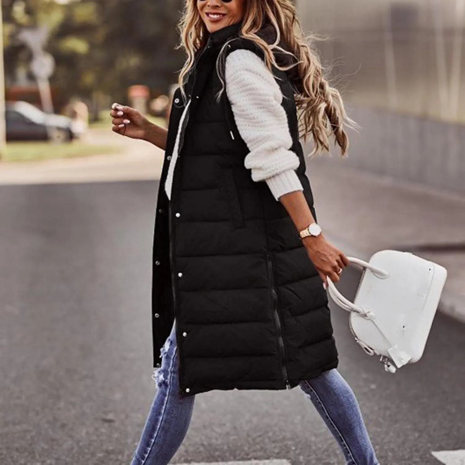 Mmoneyake Womens Long Down Vest Full-Zip Hooded Sleeveless Down Jacket Coat Warm Winter Outdoor Puffer Quilted Vest Outerwear