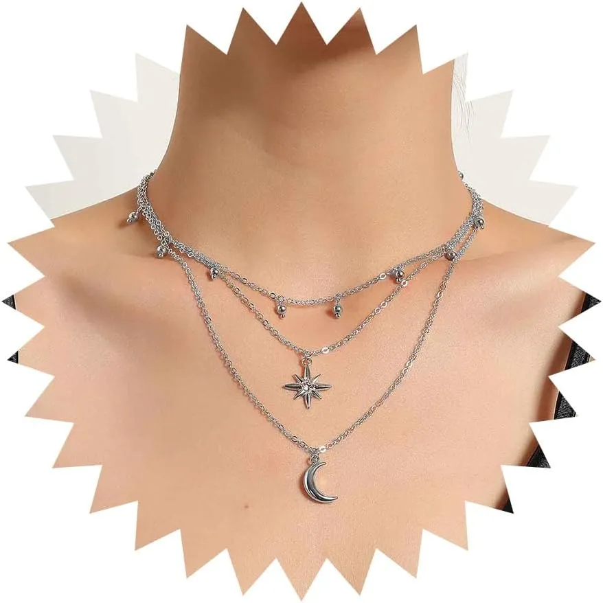 Multi Layered Chain Necklace Boho Moon Pendant Necklace Gold Crystal Starburst Choker Necklace Vintage Station Ball Necklace Jewelry for Women