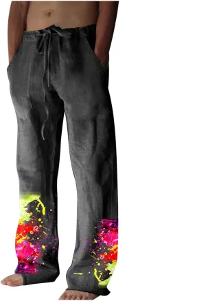 Muscularfit Mens Pants Casual Relaxed Fit Cotton Linen Tie Dye Print Drawstring Trousers Loose Fit Elastic Waist Solid Pant