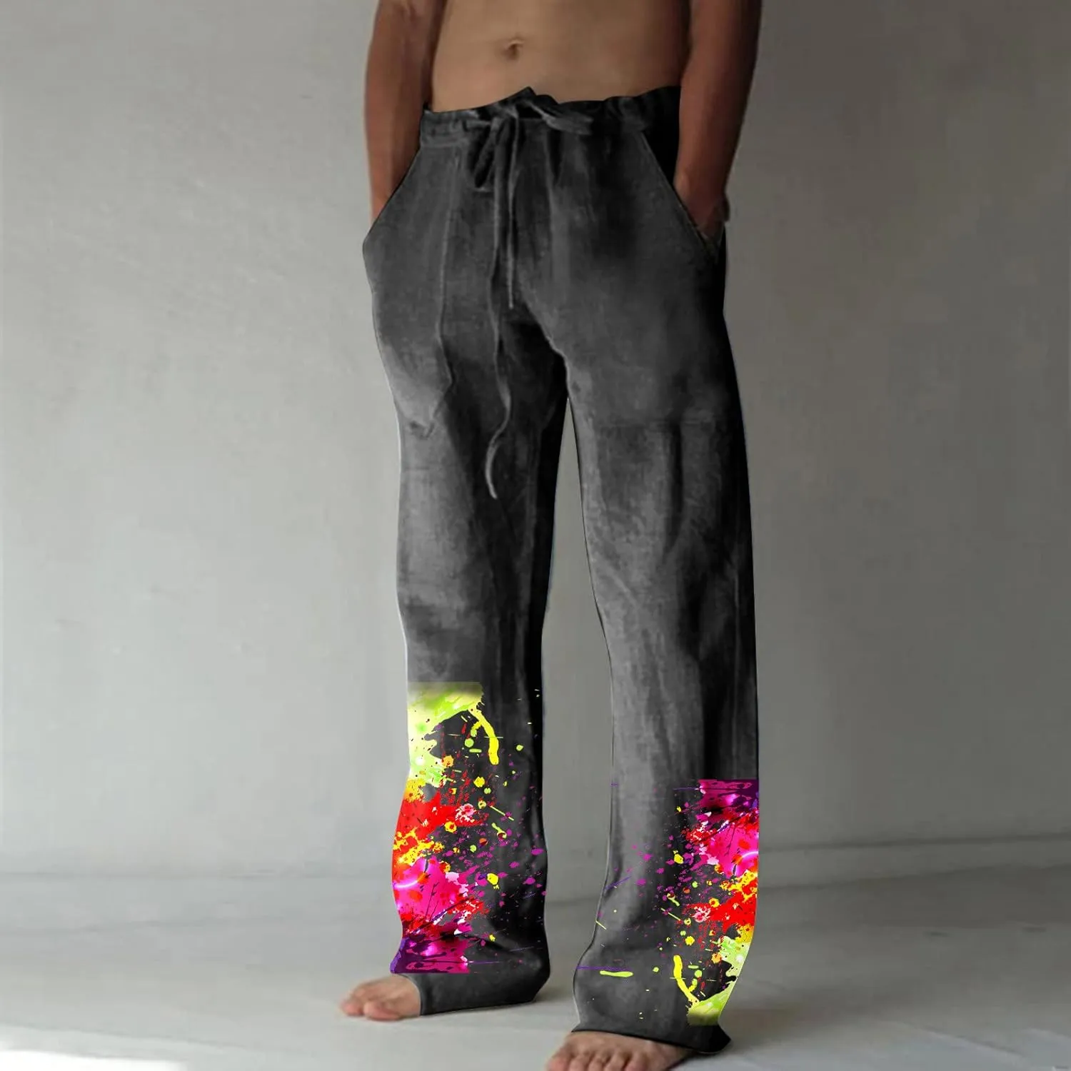 Muscularfit Mens Pants Casual Relaxed Fit Cotton Linen Tie Dye Print Drawstring Trousers Loose Fit Elastic Waist Solid Pant