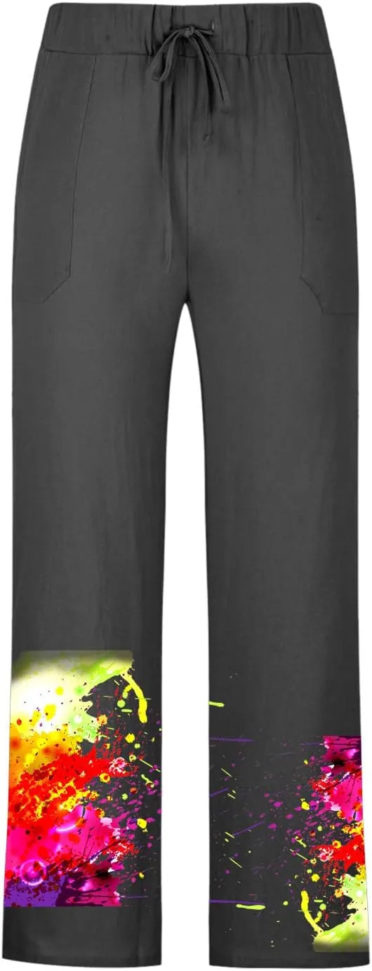 Muscularfit Mens Pants Casual Relaxed Fit Cotton Linen Tie Dye Print Drawstring Trousers Loose Fit Elastic Waist Solid Pant