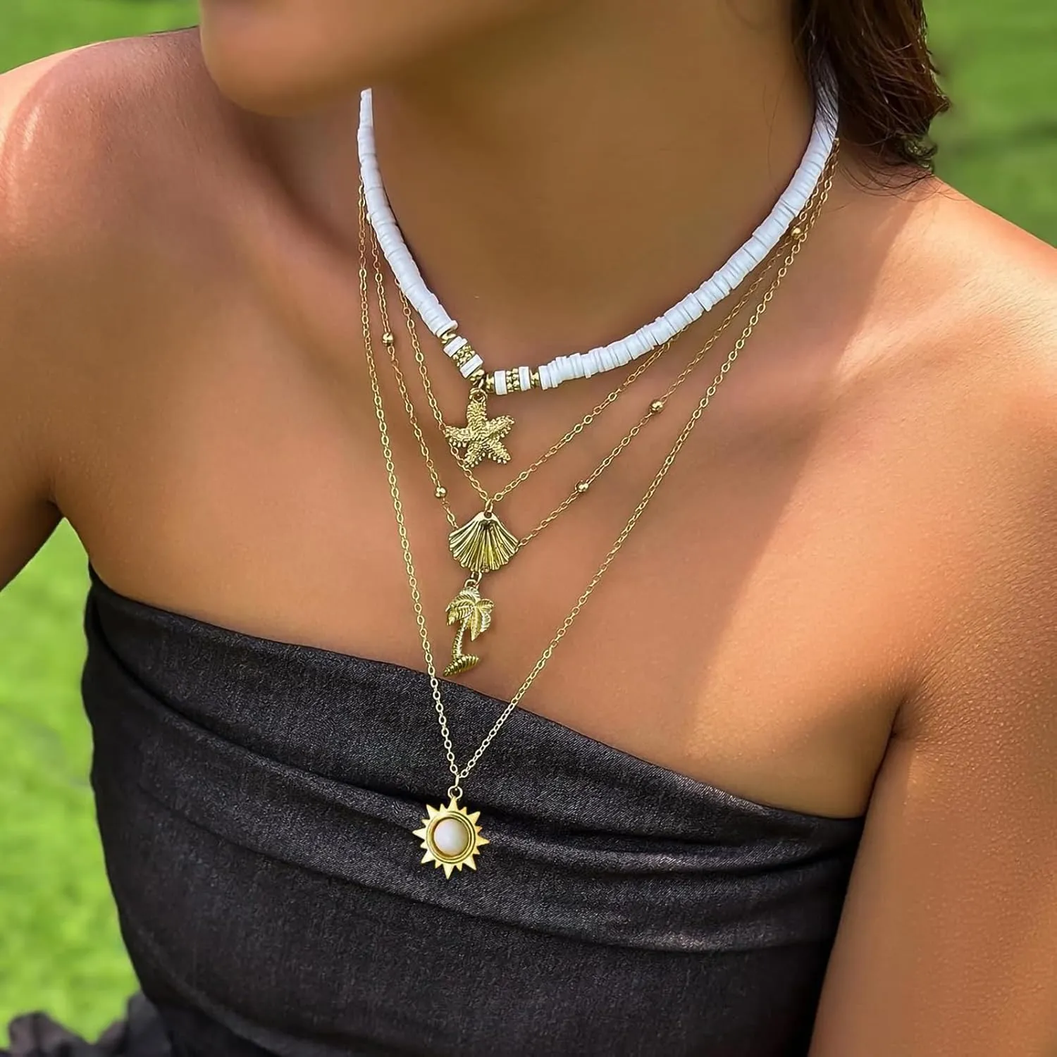 Nackiy Handmade Sea Shell Necklace for Women Summer Adjustable Natural Shell Collar Necklace (Beige Braided Rope)