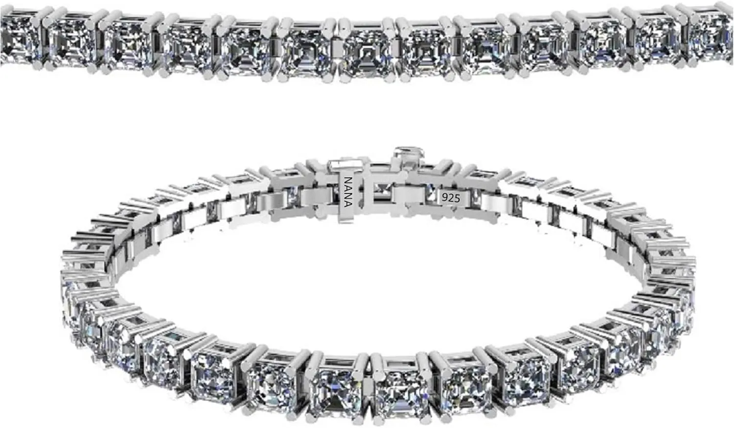 NANA Asscher Cut Tennis Bracelet 7" or 8" Solid Sterling Silver & Pure Brilliance Zirconia 13.00ctw-53.00ctw