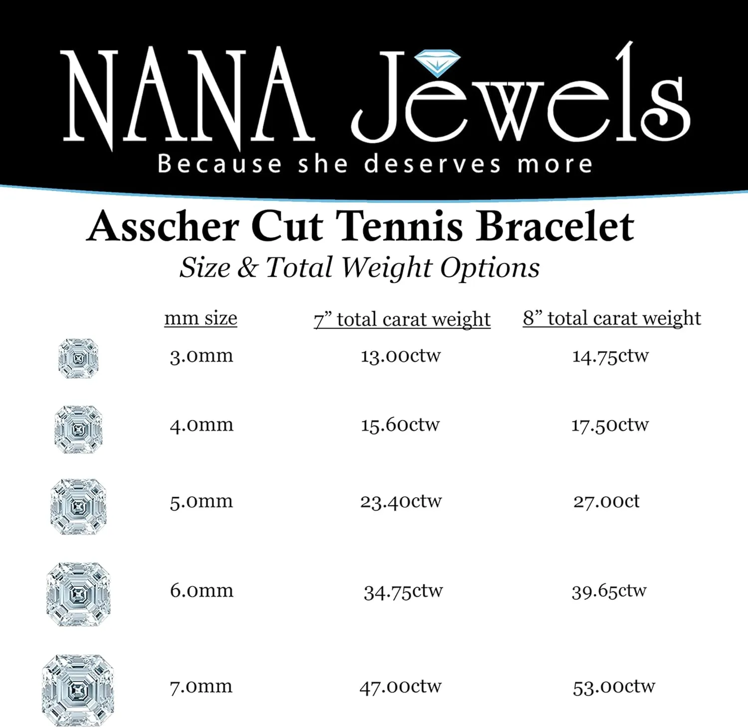 NANA Asscher Cut Tennis Bracelet 7" or 8" Solid Sterling Silver & Pure Brilliance Zirconia 13.00ctw-53.00ctw