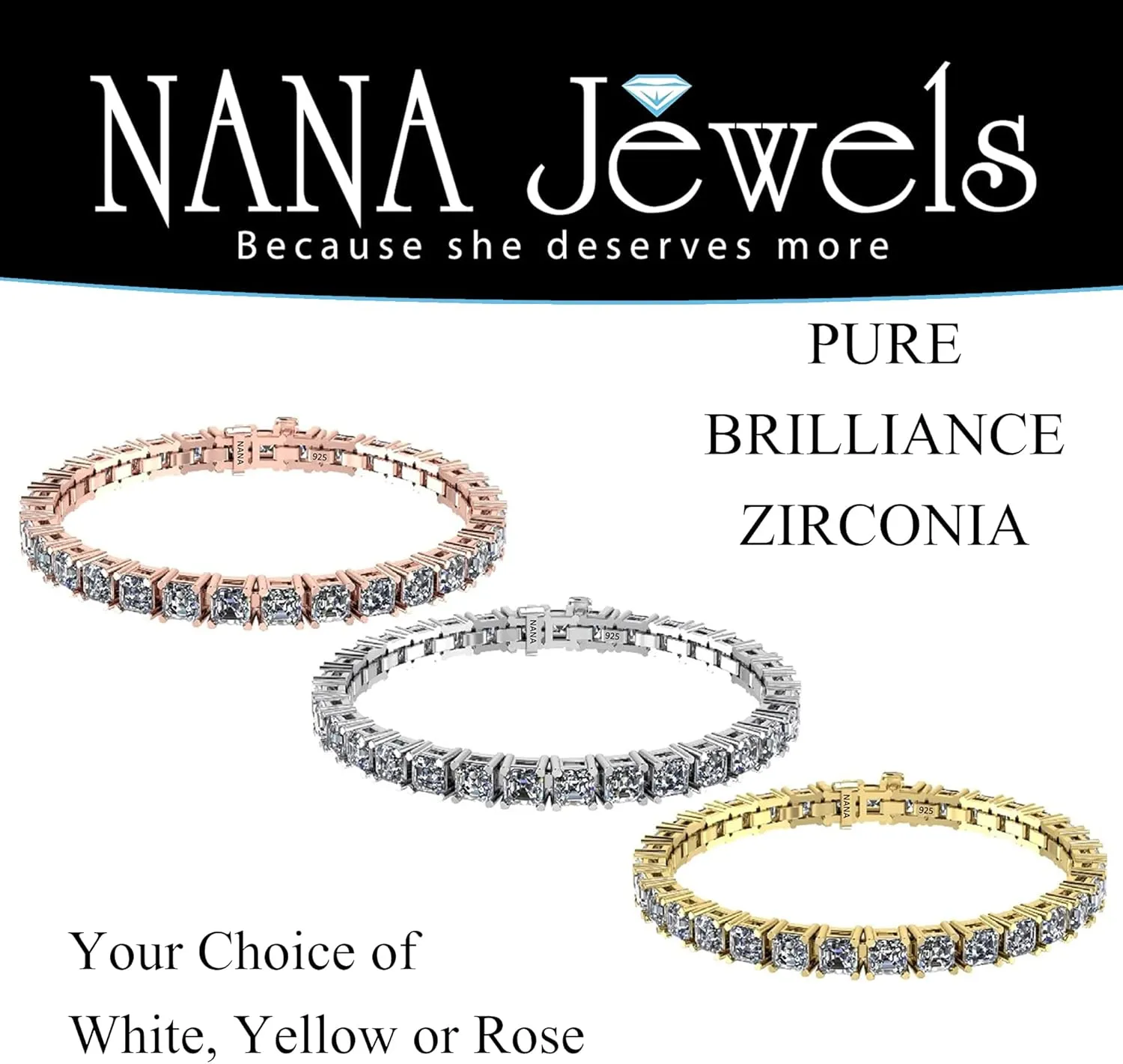 NANA Asscher Cut Tennis Bracelet 7" or 8" Solid Sterling Silver & Pure Brilliance Zirconia 13.00ctw-53.00ctw