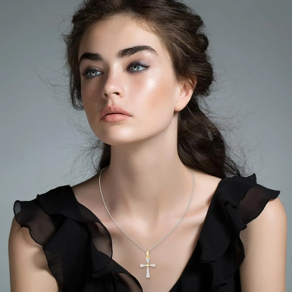 Natural Diamond Cross Necklace 1/4 CTTW Sterling Silver or 14kt Yellow Gold Plated Silver 18 Inch Cable Chain