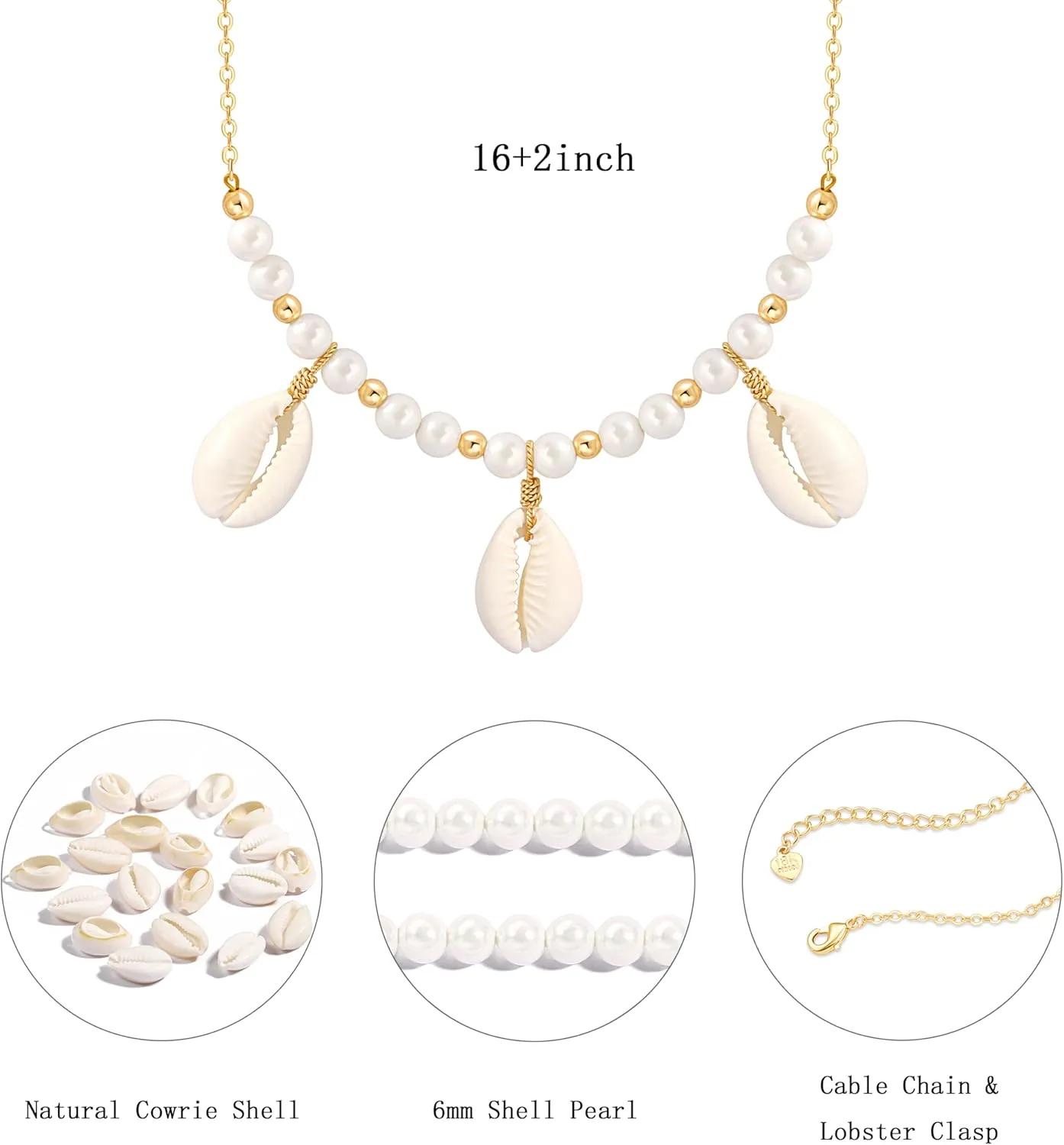 Natural Seashell Shell Scallop Pendant Choker Necklace Adjustable 18K Gold Plated Cable Chain Handmade Jewelry for Women Girls