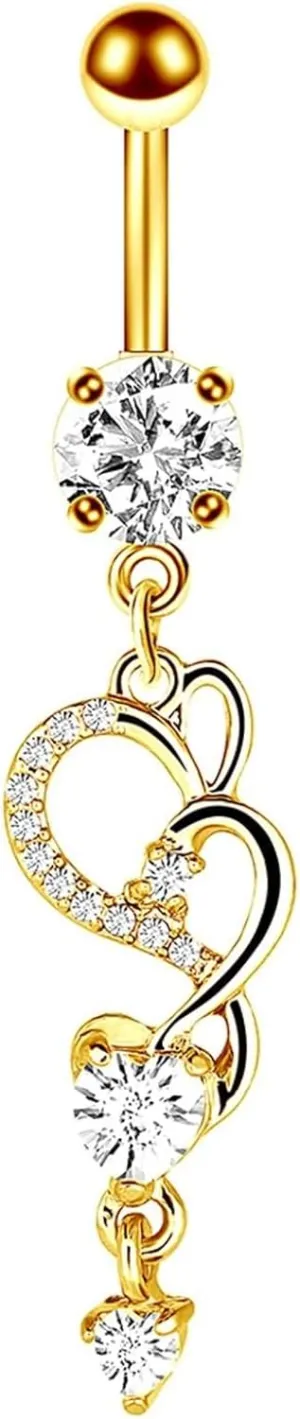 Navel Rings for Women, Dangle Belly Button Rings Navel Rings Surgical Steel Cubic Zirconia Long Heart Gold Belly Button Rings