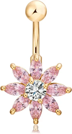 Navel Rings for Women Stainless Steel, CZ Navel Rings for Women Cheap Flower Gold Belly Rings