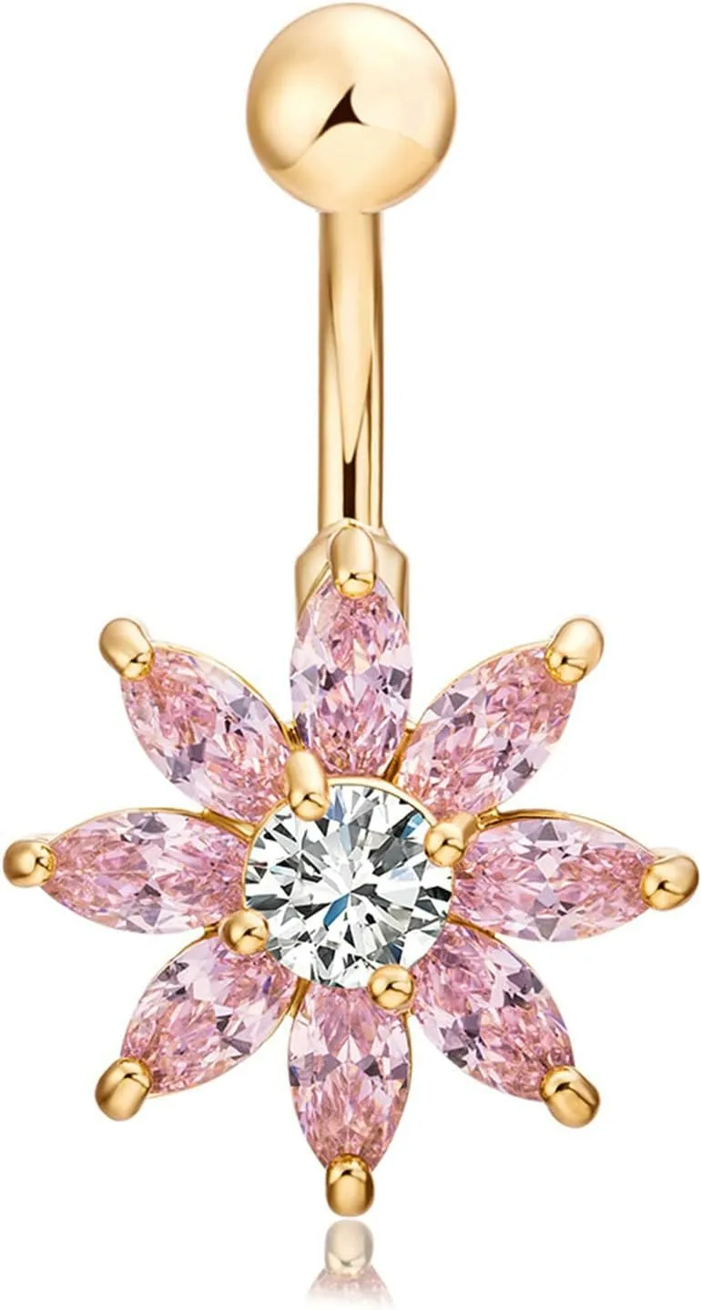Navel Rings for Women Stainless Steel, CZ Navel Rings for Women Cheap Flower Gold Belly Rings