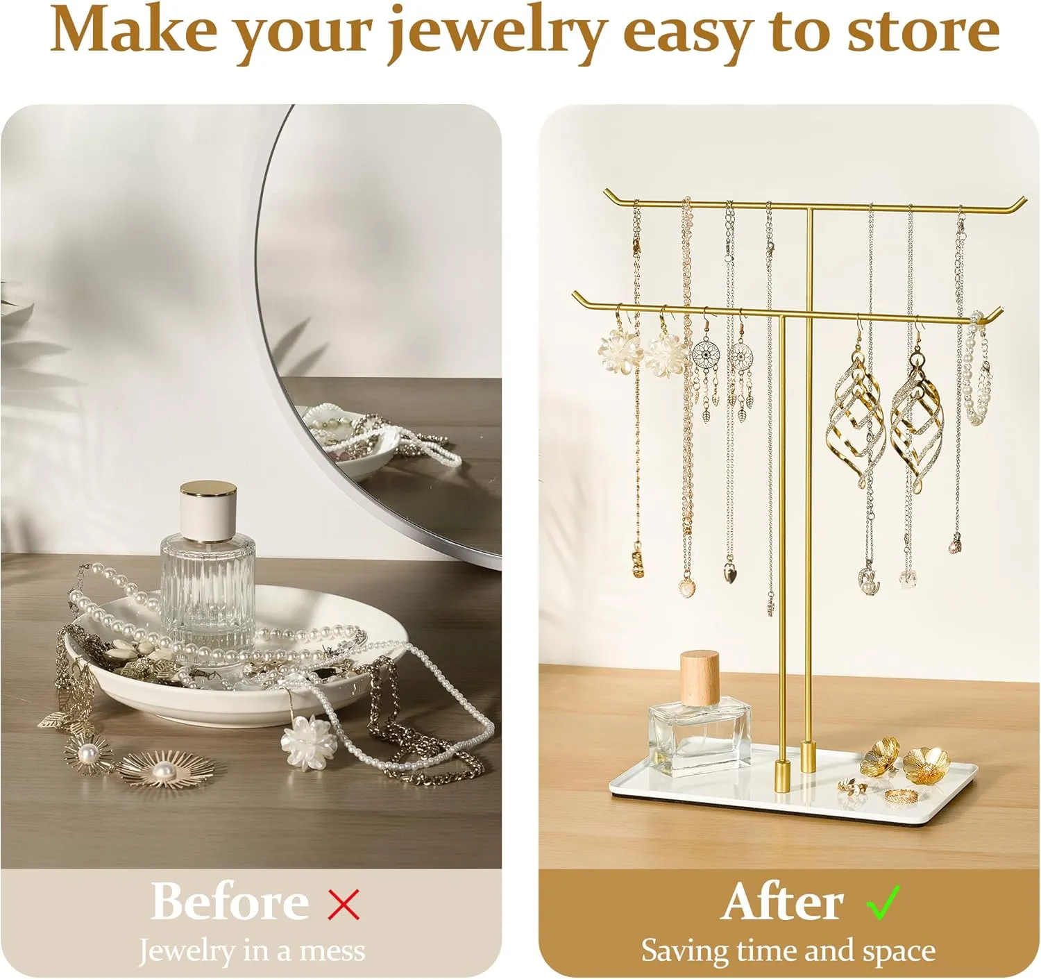 Necklace Stand Aesthetic Necklace Holder: Metal Necklace Organizer for Home Decor, Gold