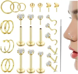 Nose Ring Studs 20G Surgical Steel Nose Ring Hoop Stud Nose Screw Set for Women Men with Piercing Pin Nose Piercing Jewelry