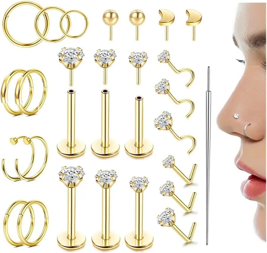 Nose Ring Studs 20G Surgical Steel Nose Ring Hoop Stud Nose Screw Set for Women Men with Piercing Pin Nose Piercing Jewelry