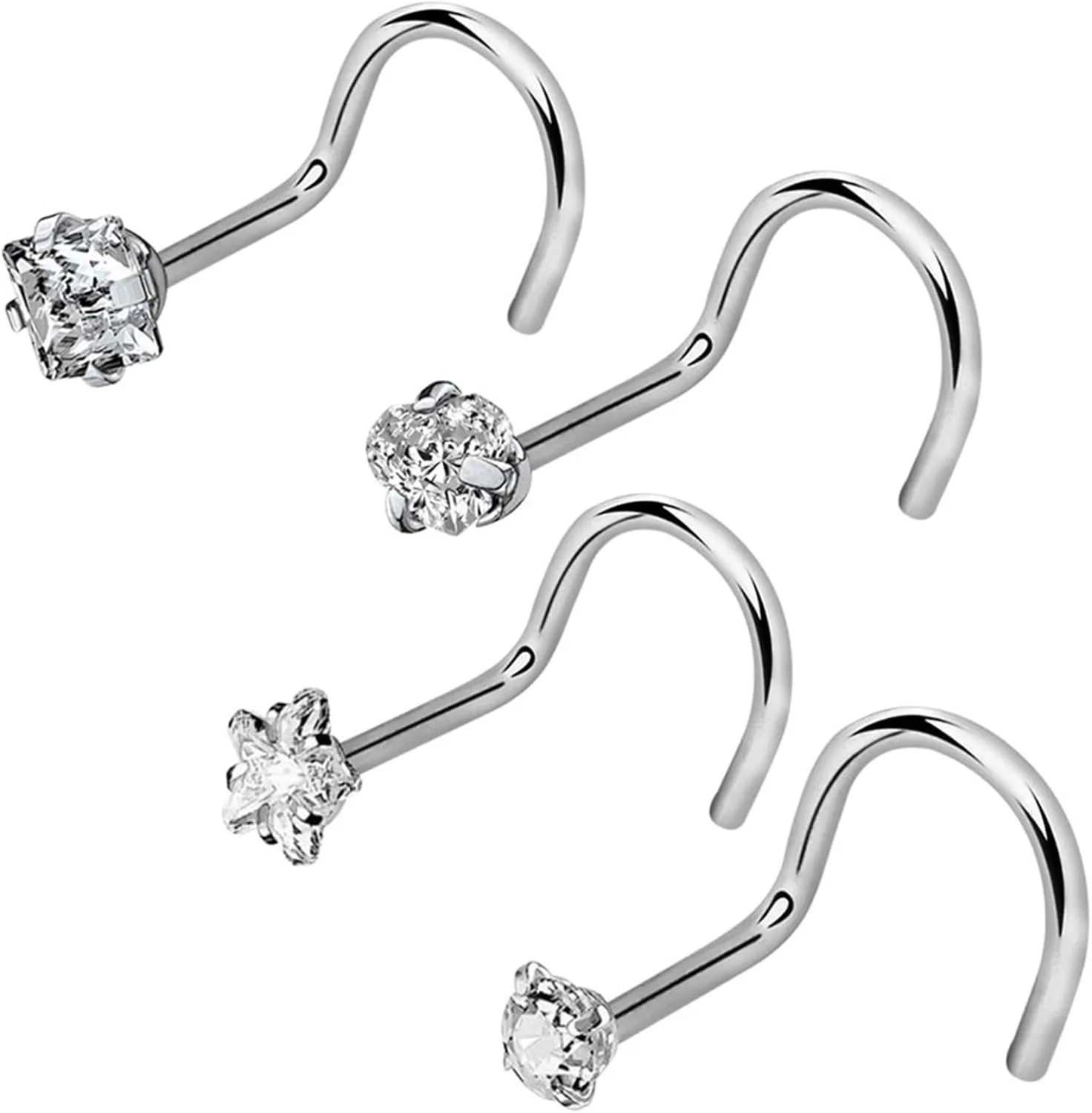 Nose Rings For Women & Men Crystal Set - Hypoallergenic Nose Studs L Shaped Pack - Nose Ring Nostril Piercing Jewelry (select: Gauge - Qty - Color - Gem Size)