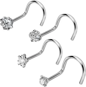 Nose Rings For Women & Men Crystal Set - Hypoallergenic Nose Studs L Shaped Pack - Nose Ring Nostril Piercing Jewelry (select: Gauge - Qty - Color - Gem Size)