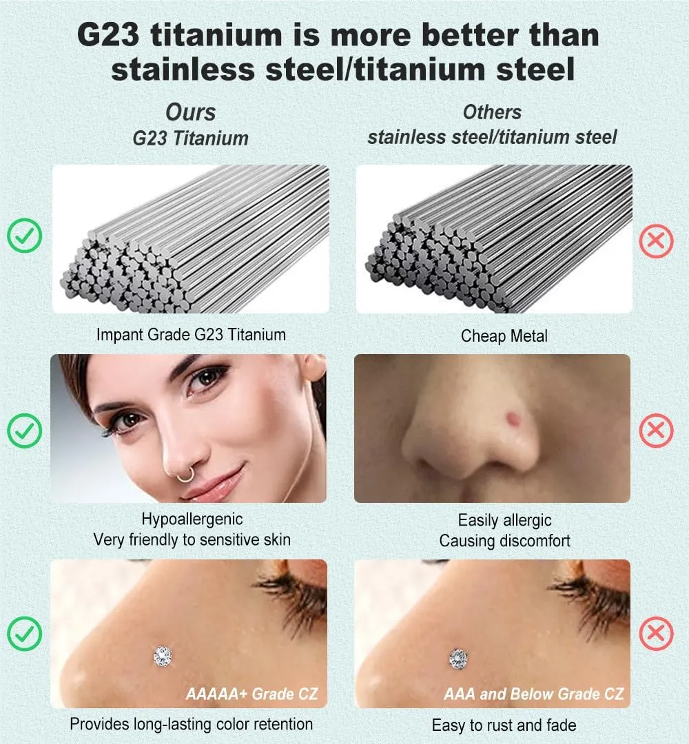 Nose Rings Studs G23 Titanium 20G Nose Studs for Women Men 18G Nose Rings Hoop Hypoallergenic Nose Piercings Jewelry 1.5/2/2.5/3 mm CZ L Shape Nose Screw Studs Hoop Rings for Helix Cartilage