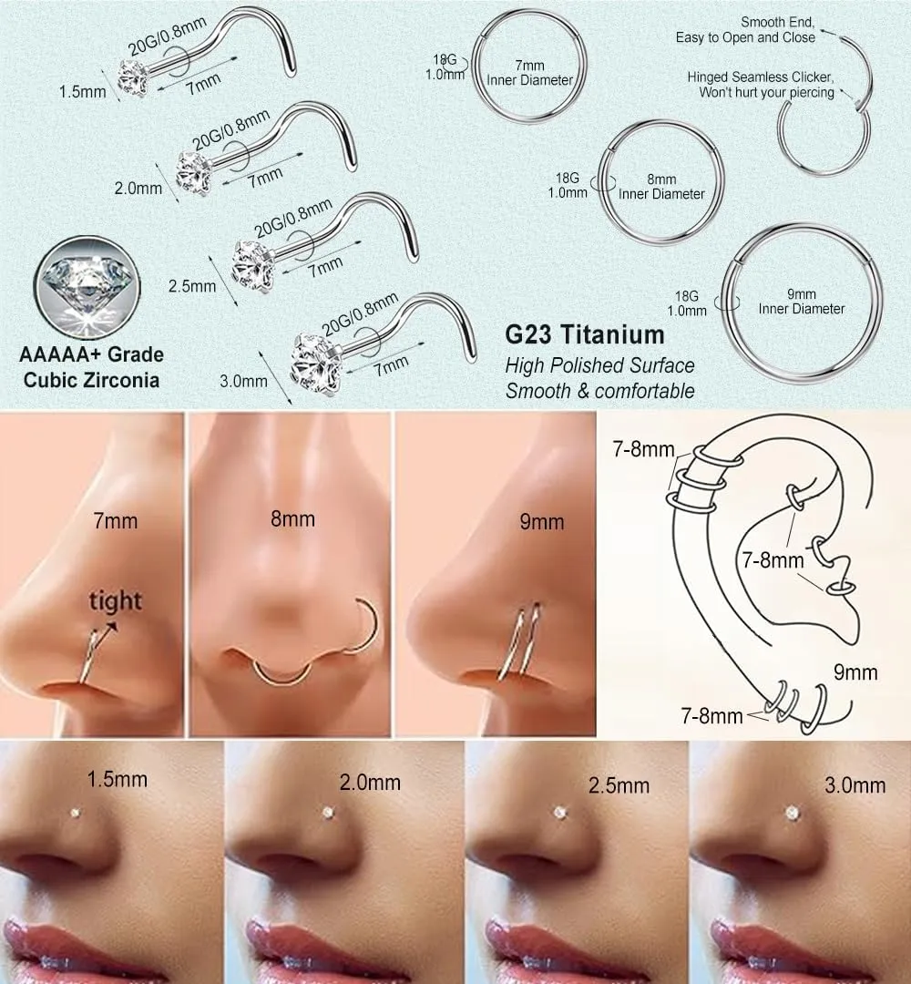 Nose Rings Studs G23 Titanium 20G Nose Studs for Women Men 18G Nose Rings Hoop Hypoallergenic Nose Piercings Jewelry 1.5/2/2.5/3 mm CZ L Shape Nose Screw Studs Hoop Rings for Helix Cartilage