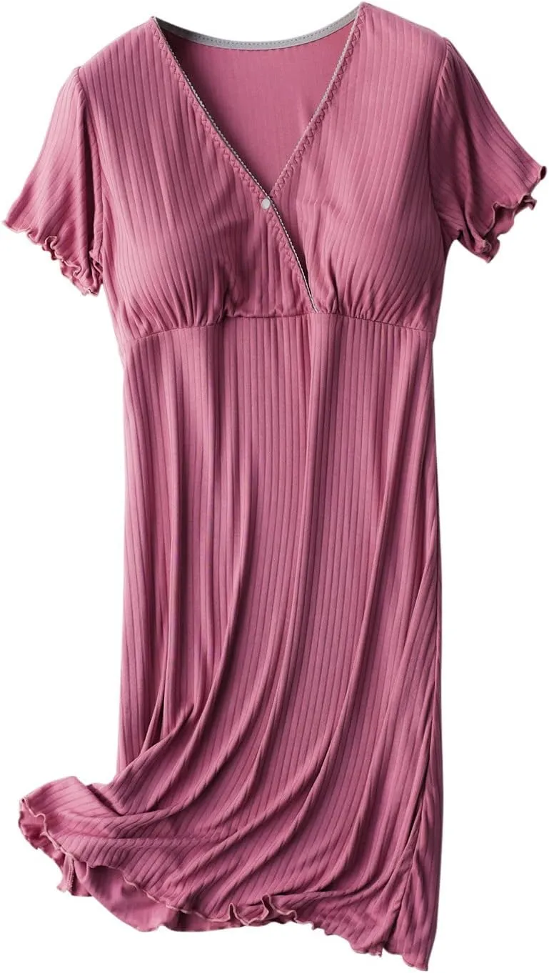 Nursing Nightgowns for Women Breastfeeding Sleepwear Comfy Short Sleeve V Neck Ribbed Pajamas Dress with Built in Bra