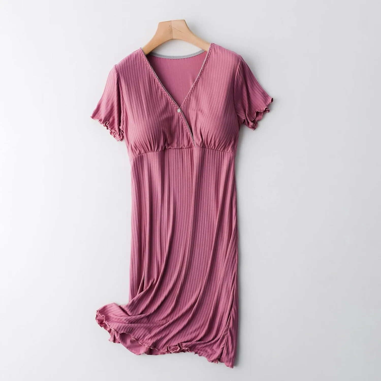 Nursing Nightgowns for Women Breastfeeding Sleepwear Comfy Short Sleeve V Neck Ribbed Pajamas Dress with Built in Bra
