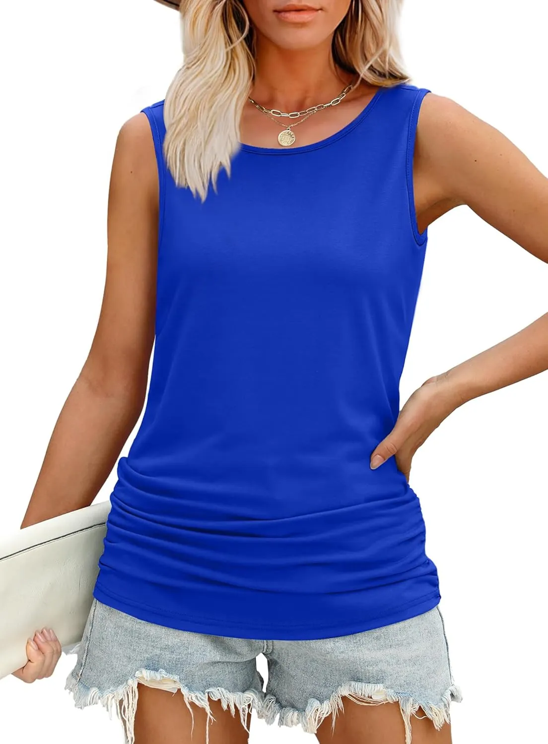 OFEEFAN Womens Ruched Tank Tops Crewneck Casual Summer Tops Basic Sleeveless Shirts