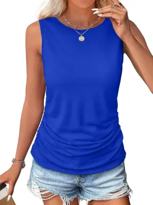 OFEEFAN Womens Ruched Tank Tops Crewneck Casual Summer Tops Basic Sleeveless Shirts