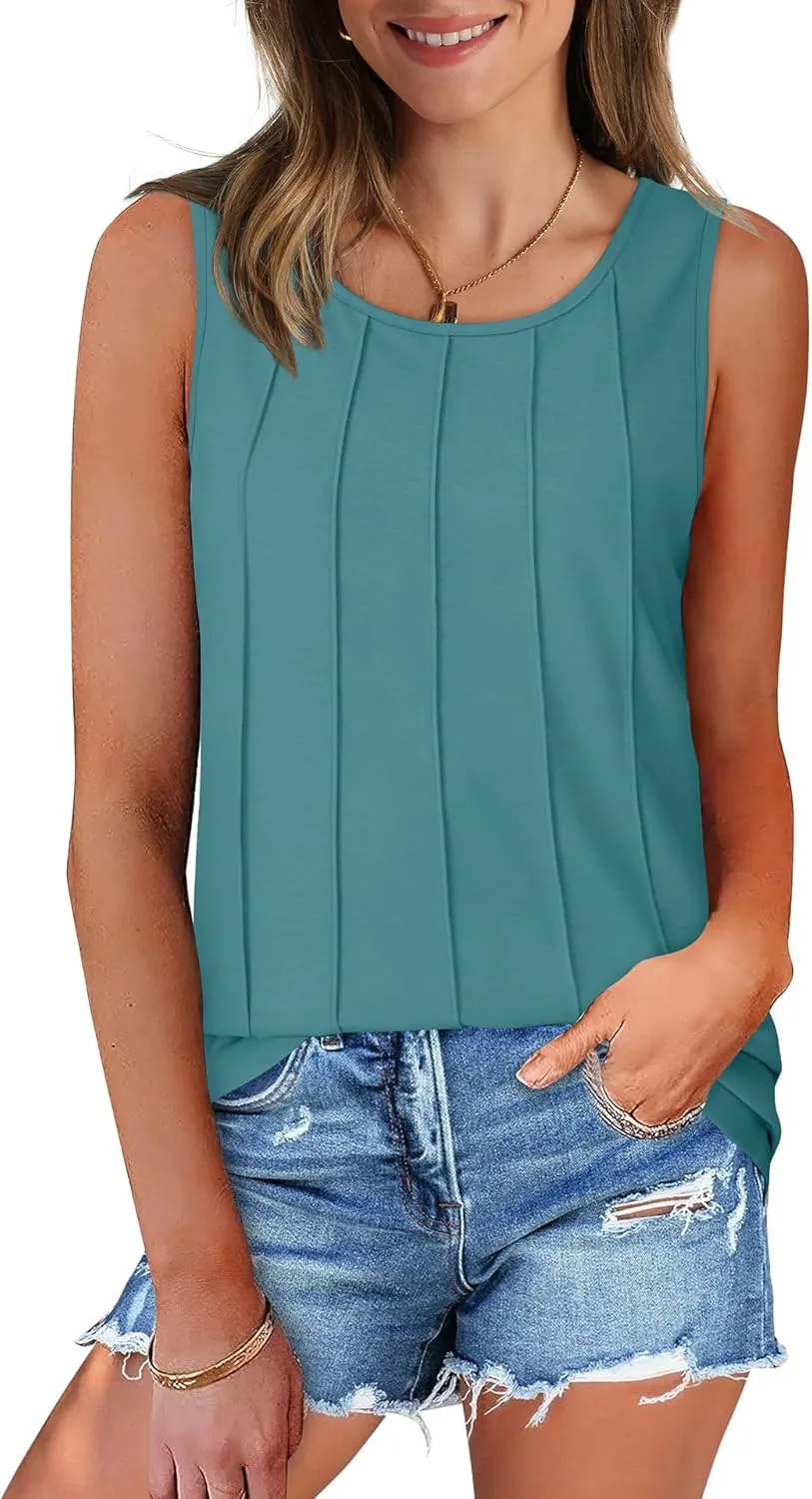 OFEEFAN Womens Tank Tops Pleated Scoop Neck Sleeveless Tops Casual Flowy 2025