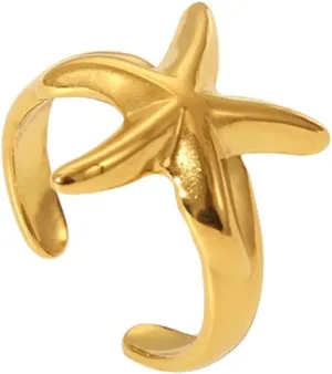OIDIMS Vintage Starfish Ring for Women Men Gold Plated Stainless Steel Fashion Statement Adjustable Ocean Sea Style Open Wrap Finger Rings Comfort Fit Chic Holiday Summer Party Dainty Jewelry