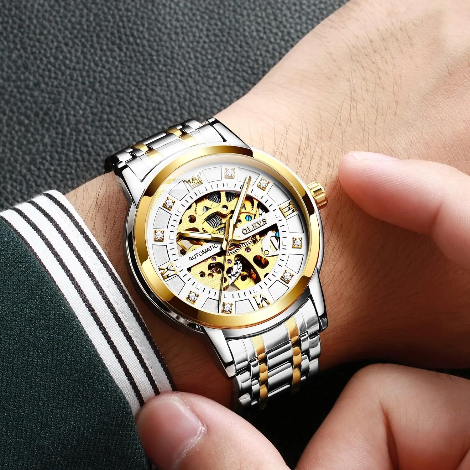 OLEVS Gold Skeleton Men's Automatic Mechanical Watches self Winding Luxury Dress Shiny Diamond Stainless Steel Waterproof Luminous Wrist Watches