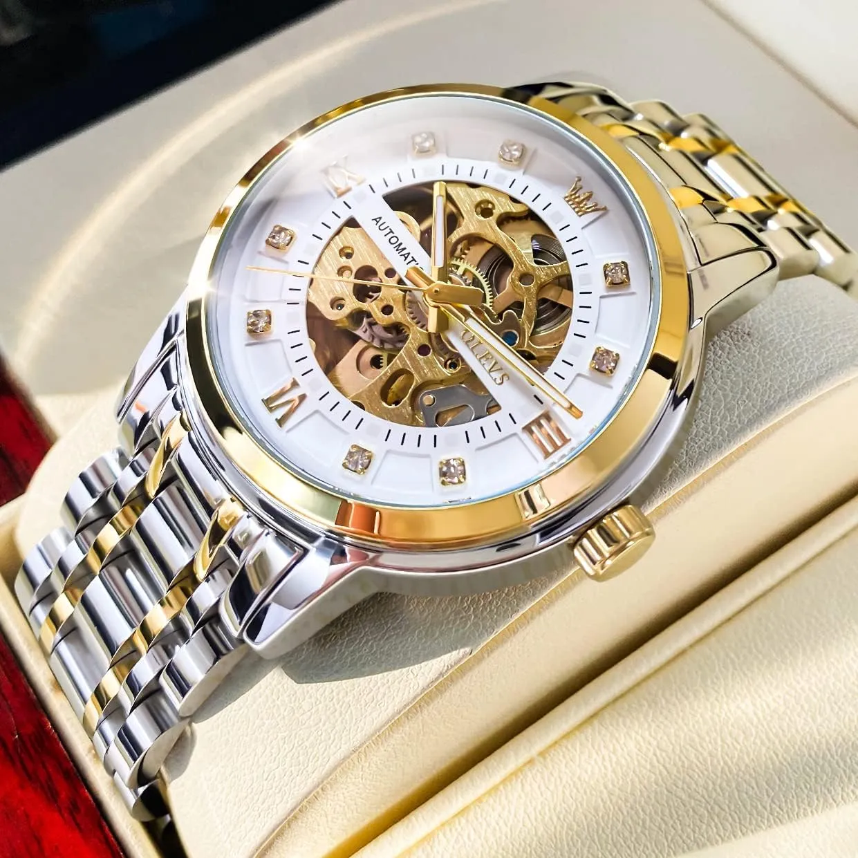 OLEVS Gold Skeleton Men's Automatic Mechanical Watches self Winding Luxury Dress Shiny Diamond Stainless Steel Waterproof Luminous Wrist Watches
