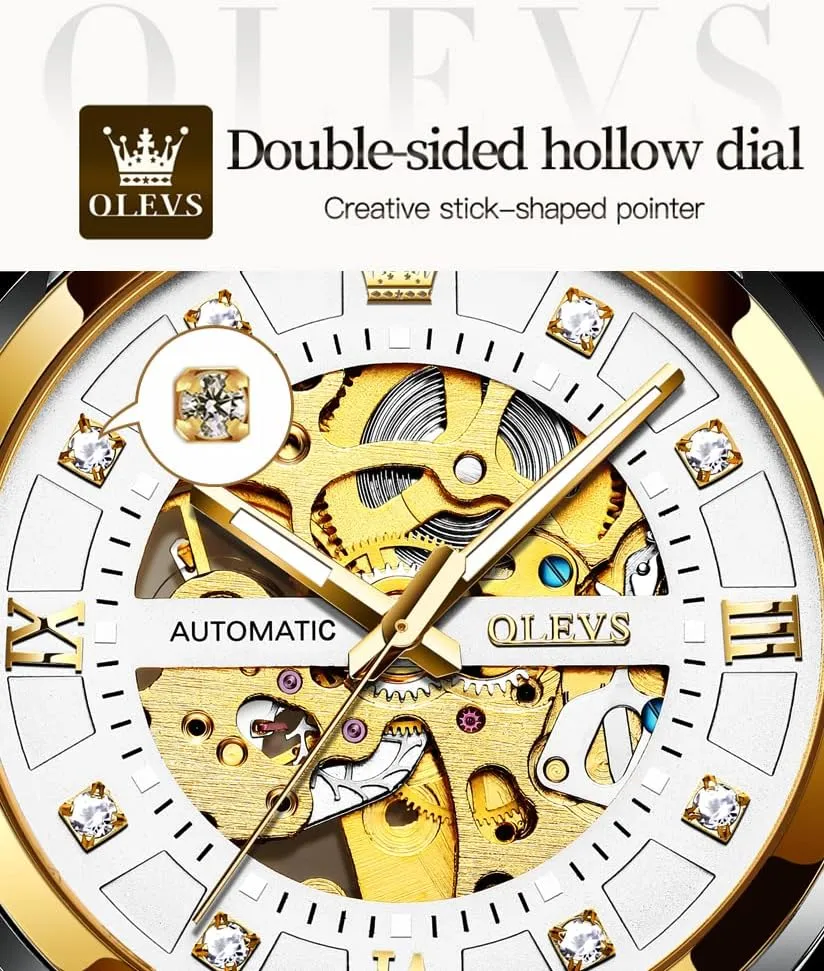 OLEVS Gold Skeleton Men's Automatic Mechanical Watches self Winding Luxury Dress Shiny Diamond Stainless Steel Waterproof Luminous Wrist Watches