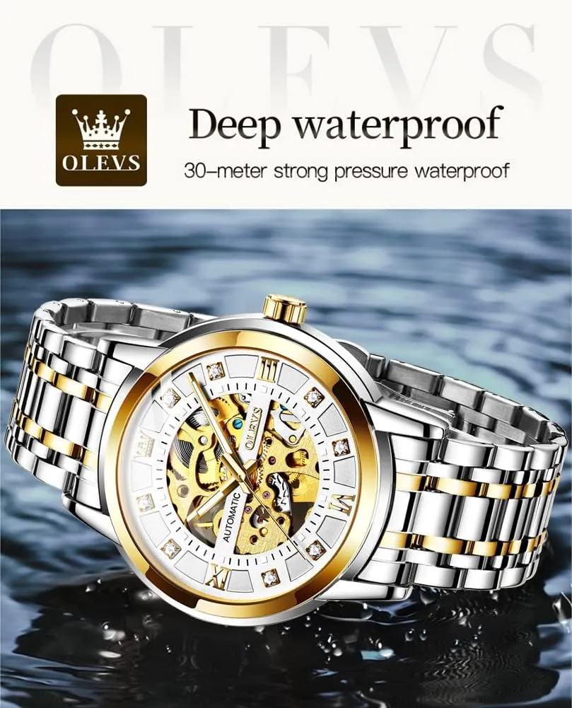 OLEVS Gold Skeleton Men's Automatic Mechanical Watches self Winding Luxury Dress Shiny Diamond Stainless Steel Waterproof Luminous Wrist Watches