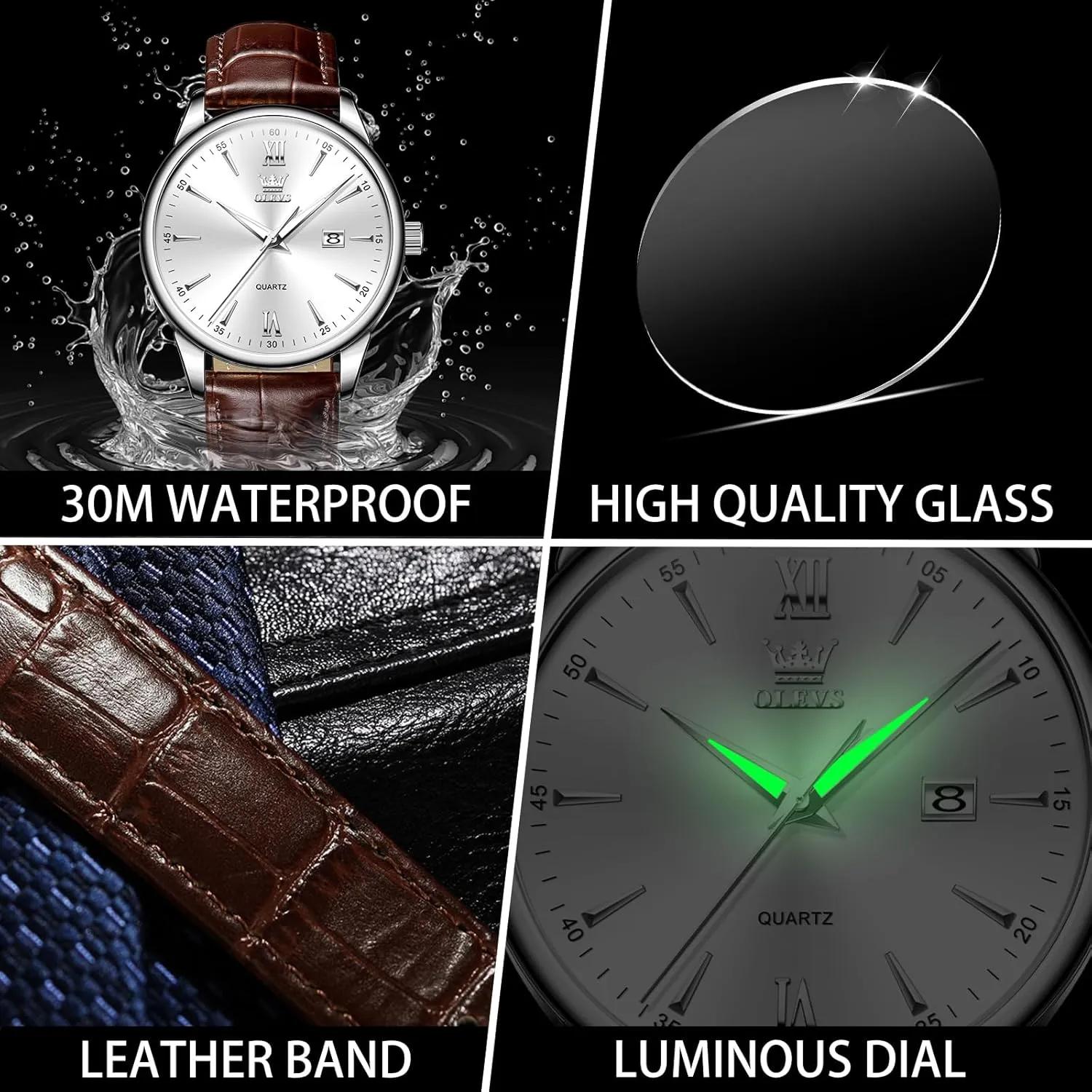 OLEVS Men Leather Watch,Mens Wrist Watches,Big Face Watches for Men,Leather Band Watches for Men,Day Date Watches for Men,Waterproof Watches for Men,Men Classic Watch,Reloj para Hombres