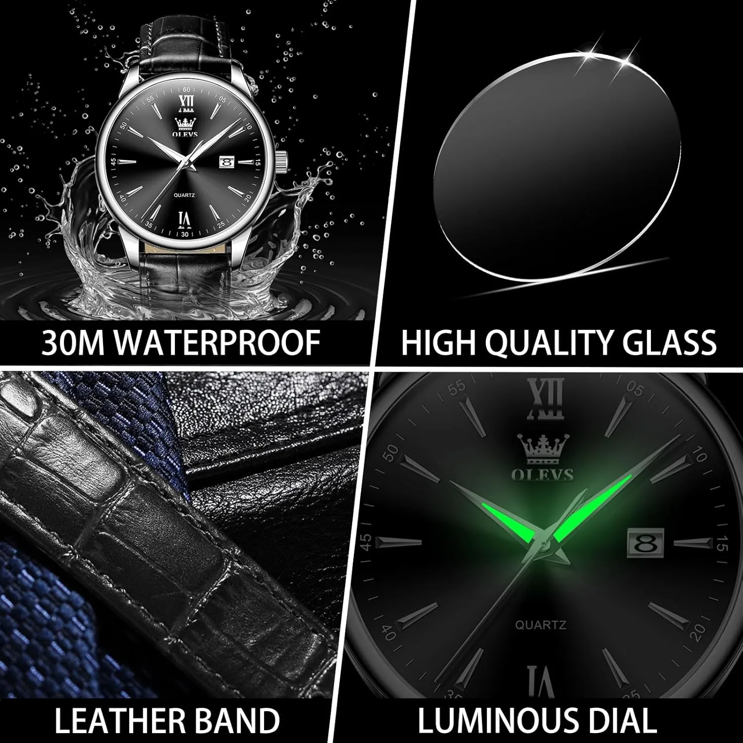 OLEVS Men Leather Watch,Mens Wrist Watches,Big Face Watches for Men,Leather Band Watches for Men,Day Date Watches for Men,Waterproof Watches for Men,Men Classic Watch,Reloj para Hombres