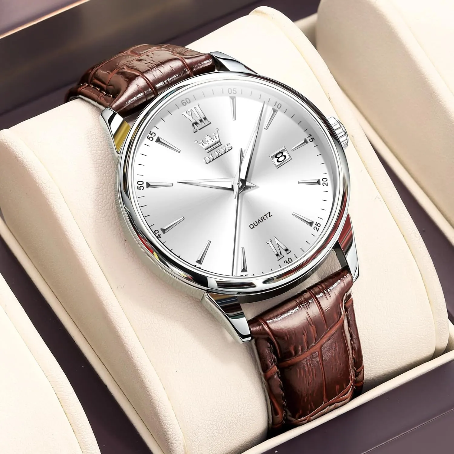 OLEVS Men Leather Watch,Mens Wrist Watches,Big Face Watches for Men,Leather Band Watches for Men,Day Date Watches for Men,Waterproof Watches for Men,Men Classic Watch,Reloj para Hombres