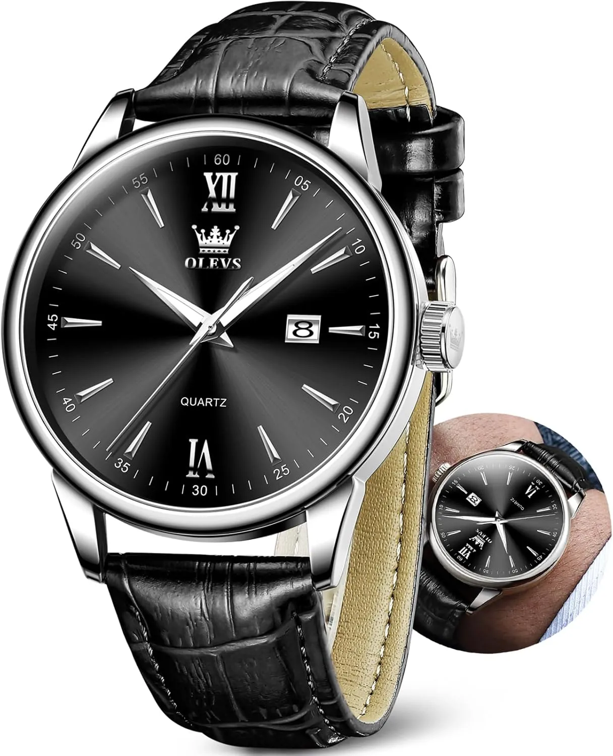 OLEVS Men Leather Watch,Mens Wrist Watches,Big Face Watches for Men,Leather Band Watches for Men,Day Date Watches for Men,Waterproof Watches for Men,Men Classic Watch,Reloj para Hombres