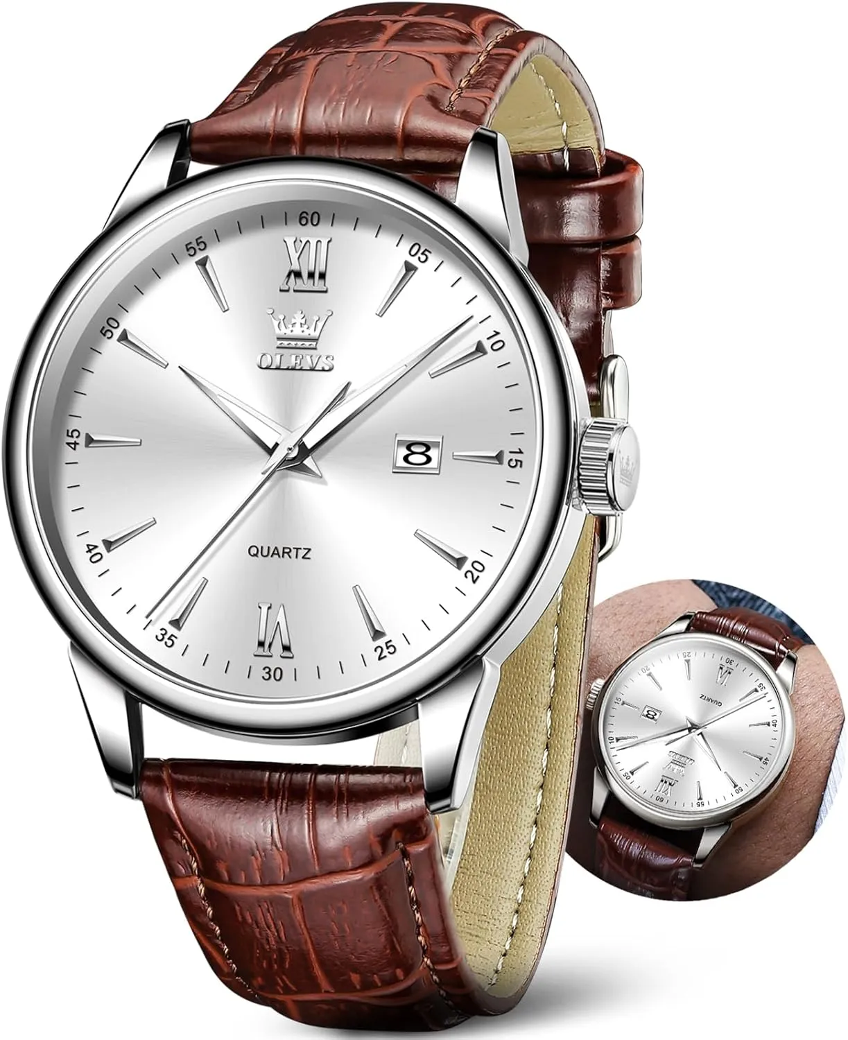 OLEVS Men Leather Watch,Mens Wrist Watches,Big Face Watches for Men,Leather Band Watches for Men,Day Date Watches for Men,Waterproof Watches for Men,Men Classic Watch,Reloj para Hombres