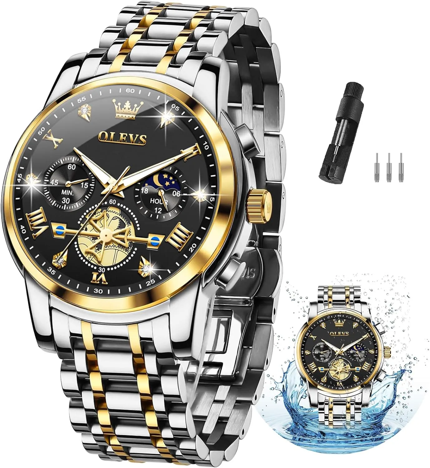OLEVS Men Silver Watches,Men's Stainless Steel Chronograph Watch,Man Analog Quartz Big Face Male Watches Luxury Waterproof Roman Numeral Dress Diamond Relojes para Hombre