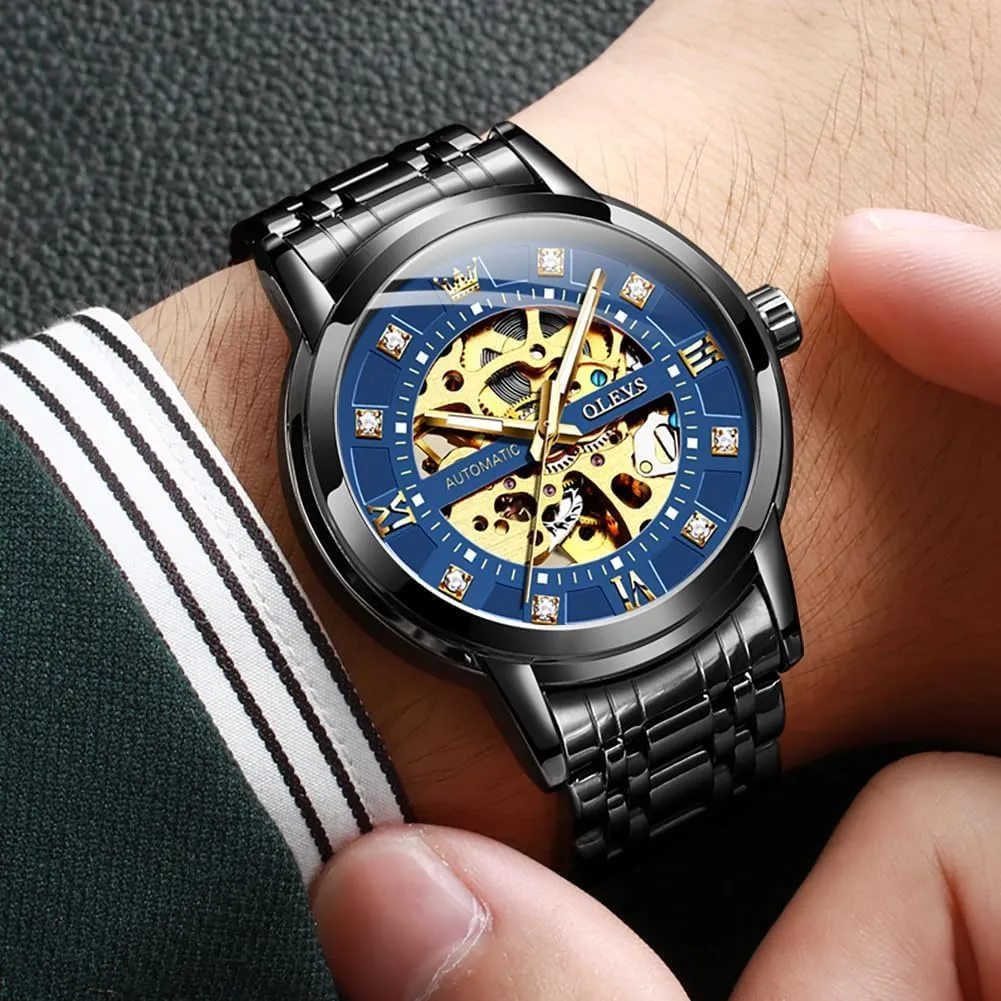OLEVS Mens Gold Skeleton Watch Automatic Mechanical self Winding Luxury Dress Stainless Steel Waterproof Luminous Wrist Watches
