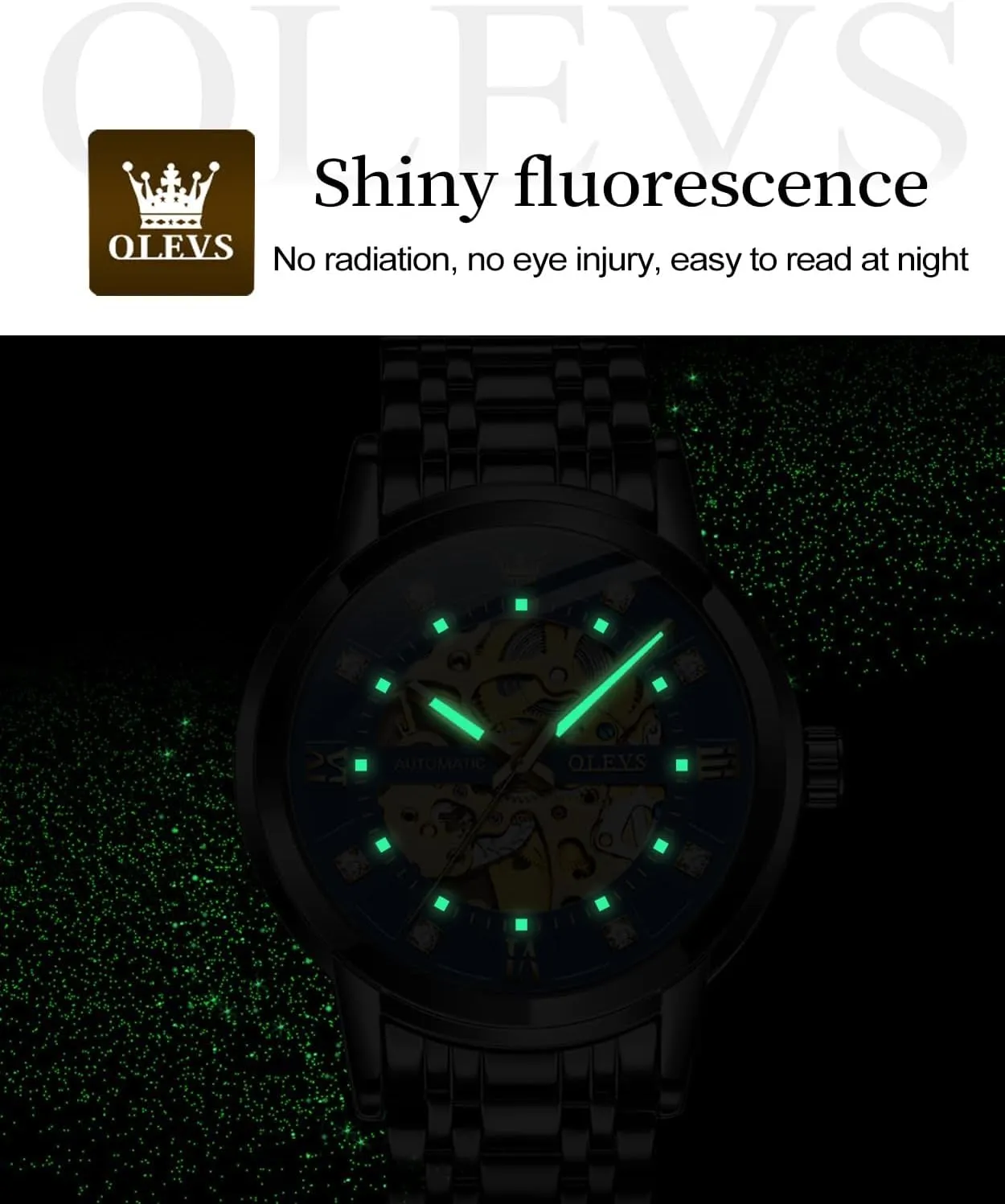 OLEVS Mens Gold Skeleton Watch Automatic Mechanical self Winding Luxury Dress Stainless Steel Waterproof Luminous Wrist Watches