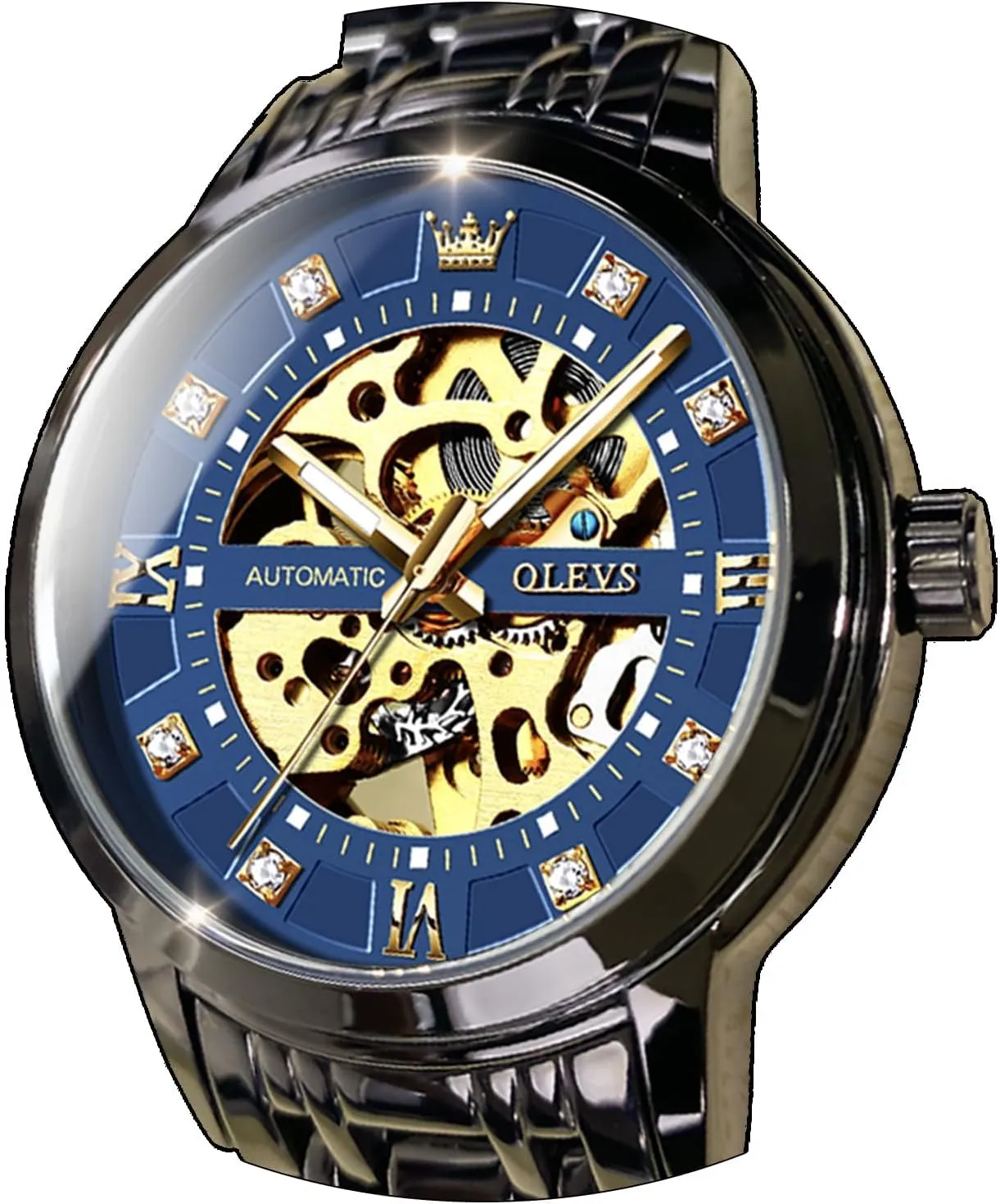 OLEVS Mens Gold Skeleton Watch Automatic Mechanical self Winding Luxury Dress Stainless Steel Waterproof Luminous Wrist Watches