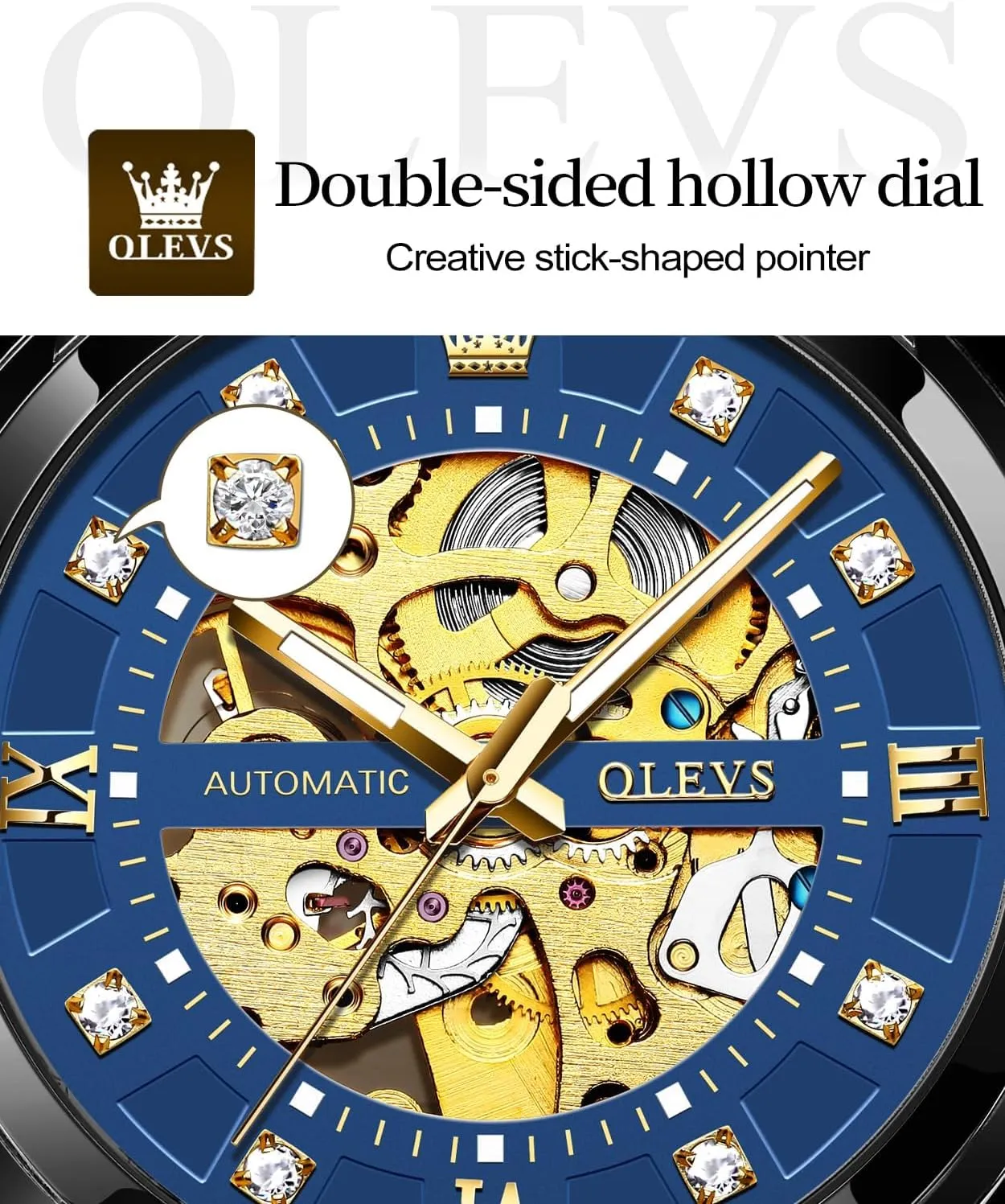 OLEVS Mens Gold Skeleton Watch Automatic Mechanical self Winding Luxury Dress Stainless Steel Waterproof Luminous Wrist Watches