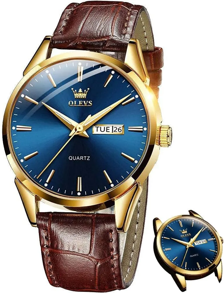 OLEVS Men's Simple Watch with Day and Date, Stainless Steel Analog Quartz Watches for Men, Classic Luminous Hands Men's Dress Watches, Black/White/Blue Dial