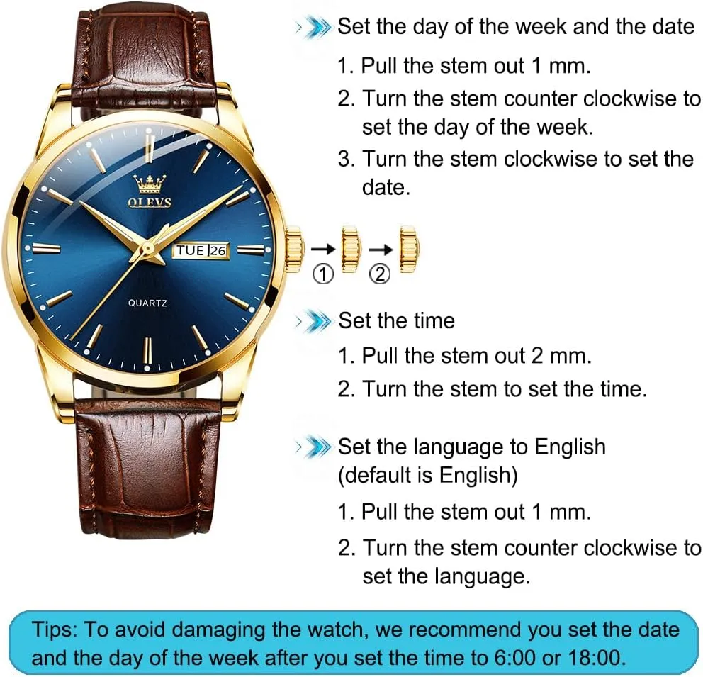 OLEVS Men's Simple Watch with Day and Date, Stainless Steel Analog Quartz Watches for Men, Classic Luminous Hands Men's Dress Watches, Black/White/Blue Dial