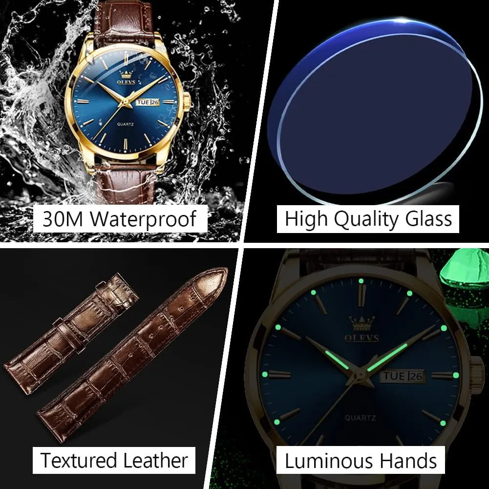 OLEVS Men's Simple Watch with Day and Date, Stainless Steel Analog Quartz Watches for Men, Classic Luminous Hands Men's Dress Watches, Black/White/Blue Dial