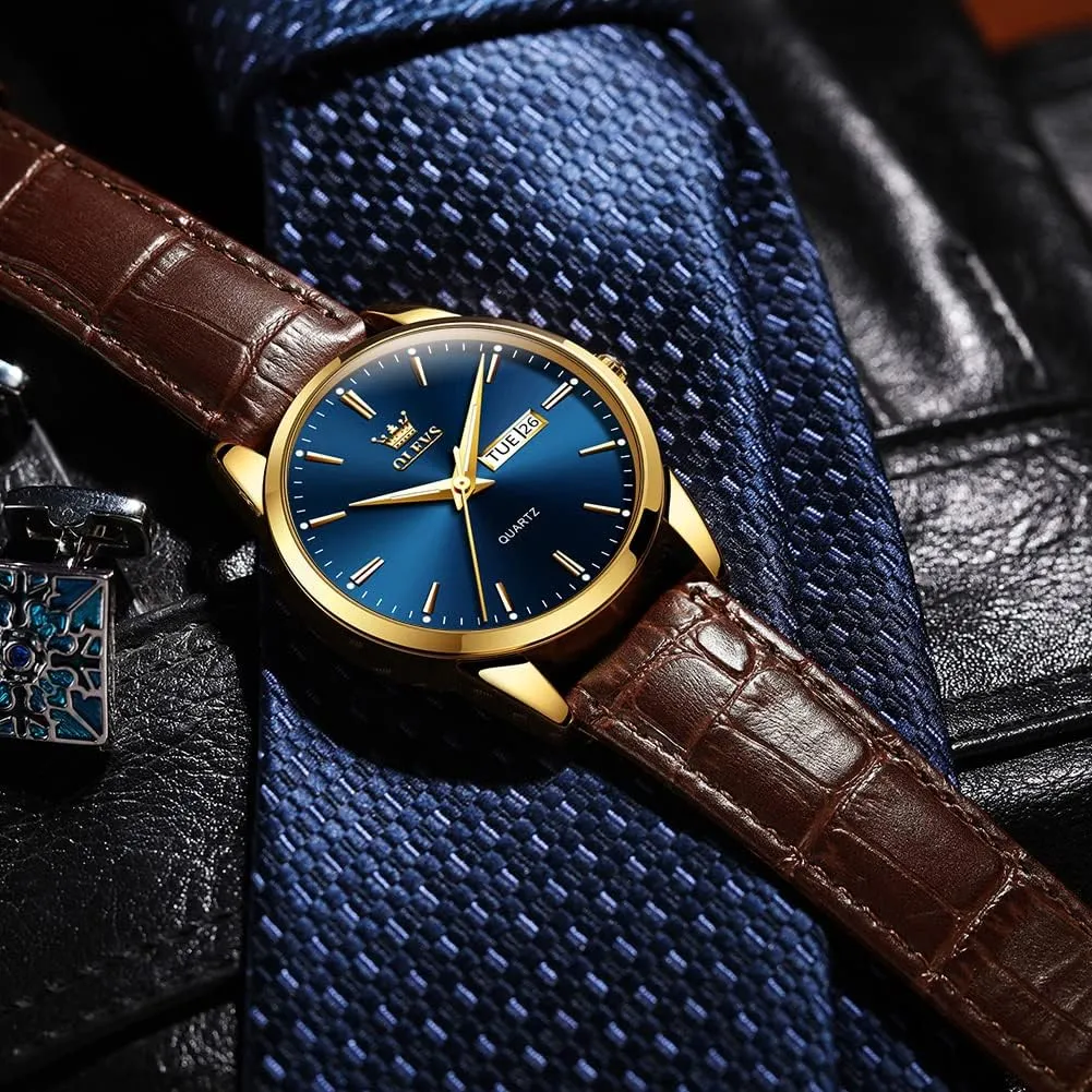 OLEVS Men's Simple Watch with Day and Date, Stainless Steel Analog Quartz Watches for Men, Classic Luminous Hands Men's Dress Watches, Black/White/Blue Dial