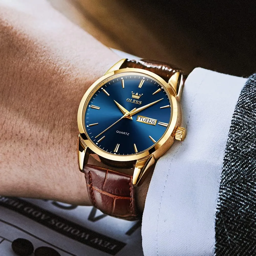 OLEVS Men's Simple Watch with Day and Date, Stainless Steel Analog Quartz Watches for Men, Classic Luminous Hands Men's Dress Watches, Black/White/Blue Dial