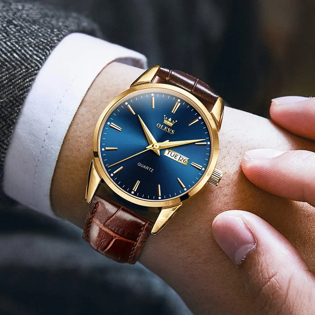 OLEVS Men's Simple Watch with Day and Date, Stainless Steel Analog Quartz Watches for Men, Classic Luminous Hands Men's Dress Watches, Black/White/Blue Dial