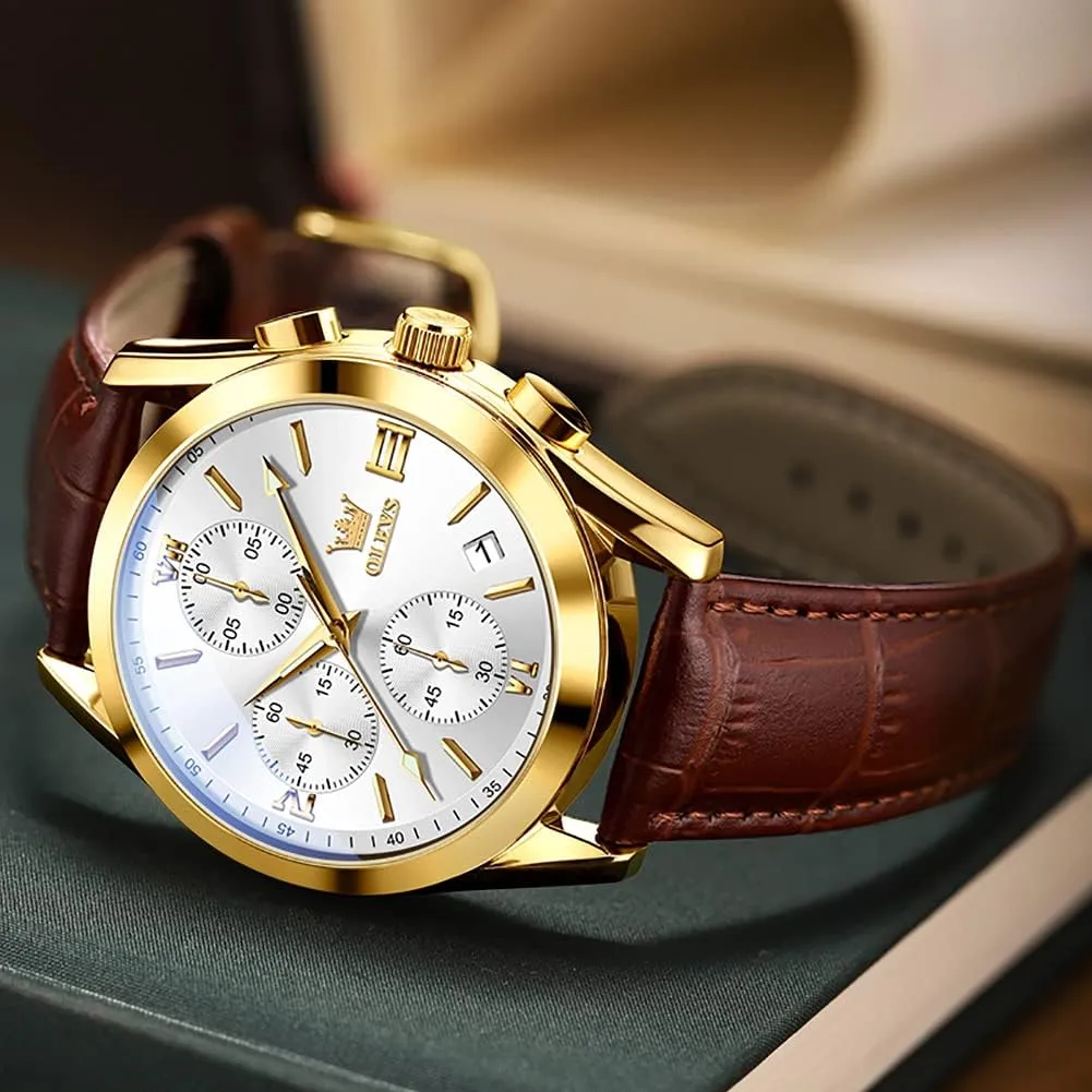 OLEVS Men's Watches Brown Leather with Date,Casual Watches for Men,Large Face Watches Men,Chronograph Mens Watch,Sport Waterproof Business Dress Analog Quartz Men's Wrist Watches Reloj De Hombre