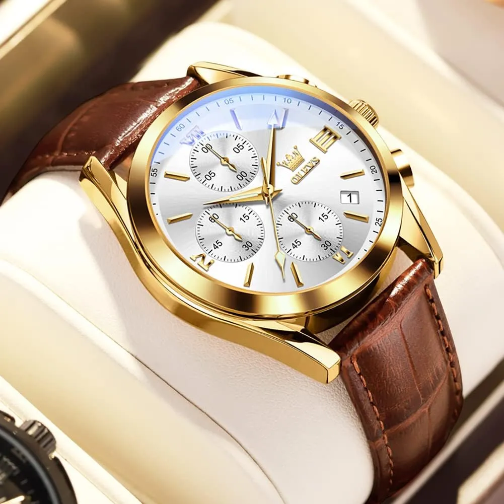 OLEVS Men's Watches Brown Leather with Date,Casual Watches for Men,Large Face Watches Men,Chronograph Mens Watch,Sport Waterproof Business Dress Analog Quartz Men's Wrist Watches Reloj De Hombre