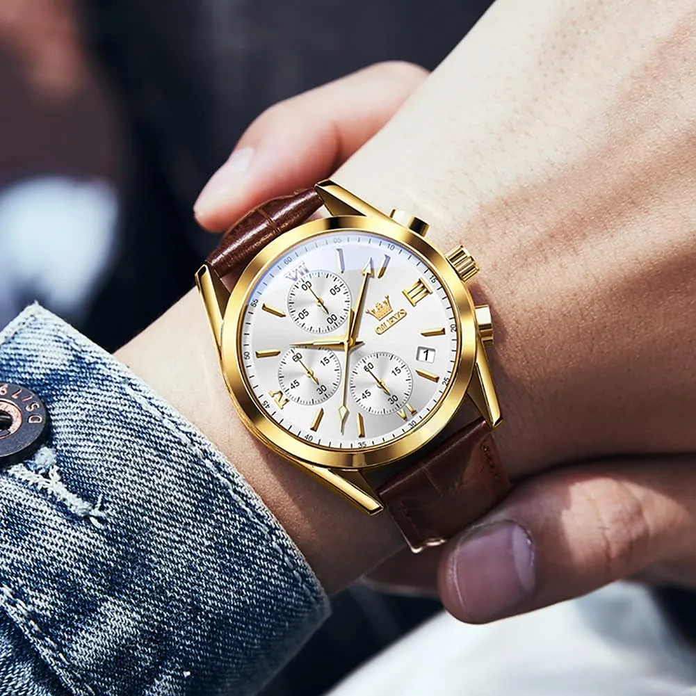 OLEVS Men's Watches Brown Leather with Date,Casual Watches for Men,Large Face Watches Men,Chronograph Mens Watch,Sport Waterproof Business Dress Analog Quartz Men's Wrist Watches Reloj De Hombre
